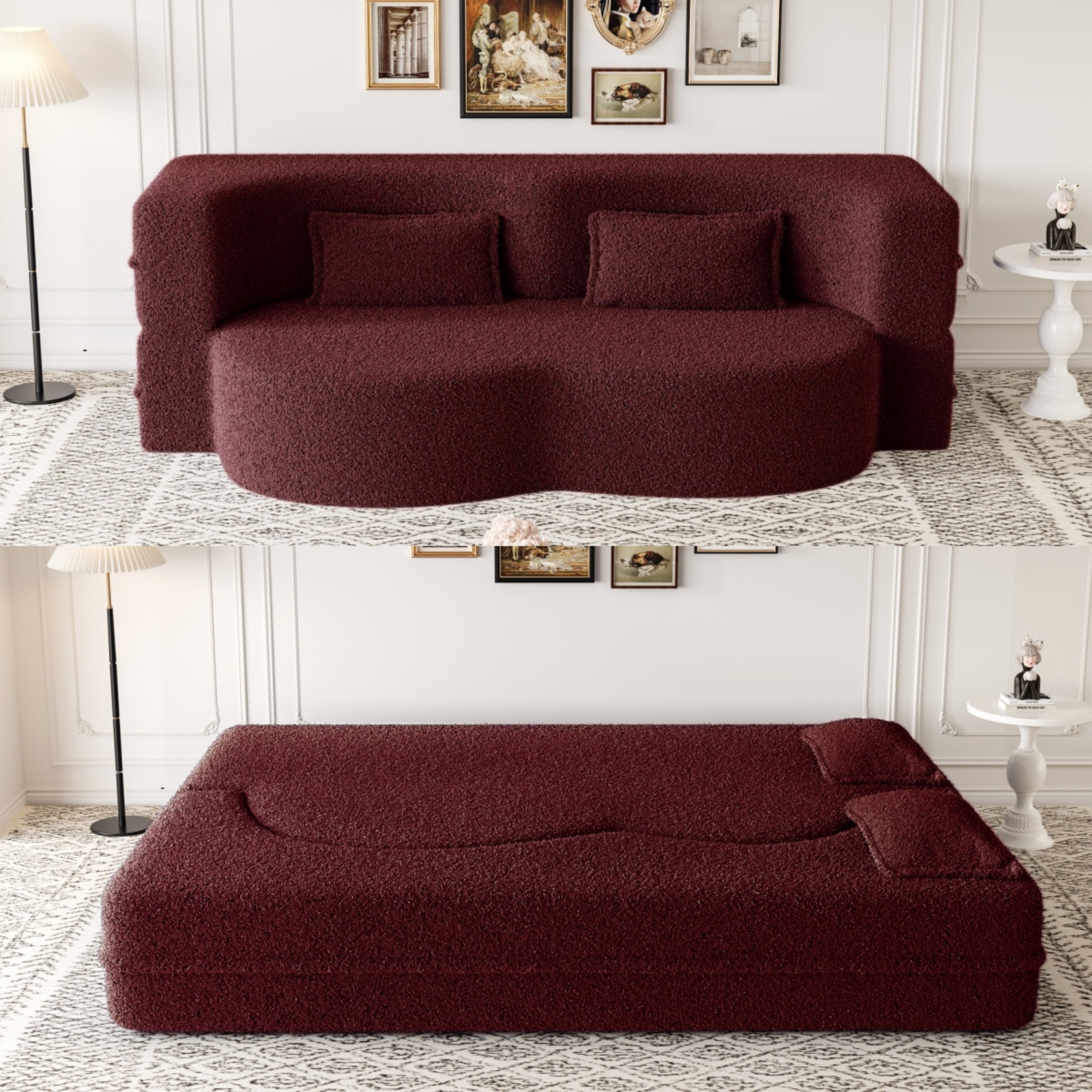 Modern Convertible Teddy Fabric Sofa with 2 Pillows