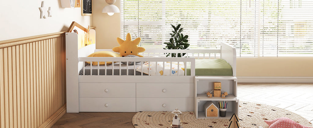 Wooden Twin Loft Bed with House Shape Headboard