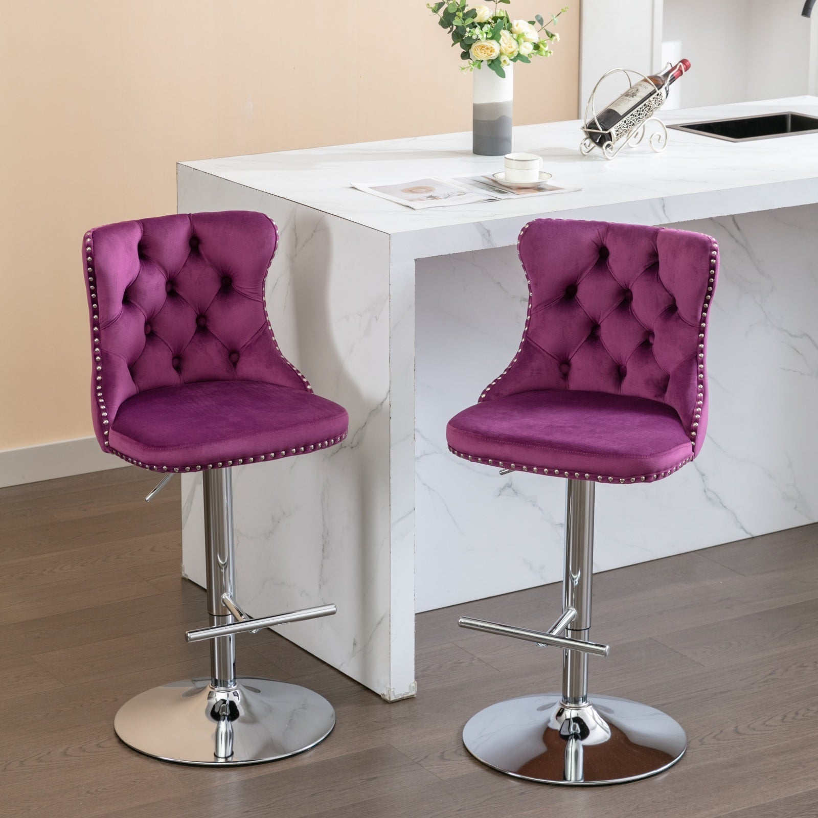 25-33 Inch Modern Velvet Swivel Barstools (Set of 2)