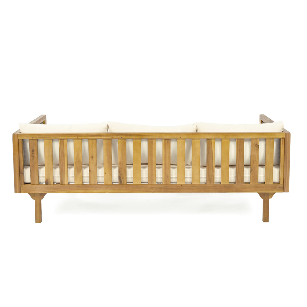 3 Seater Acacia Wood Daybed with Rattan Arms Beige Cushion