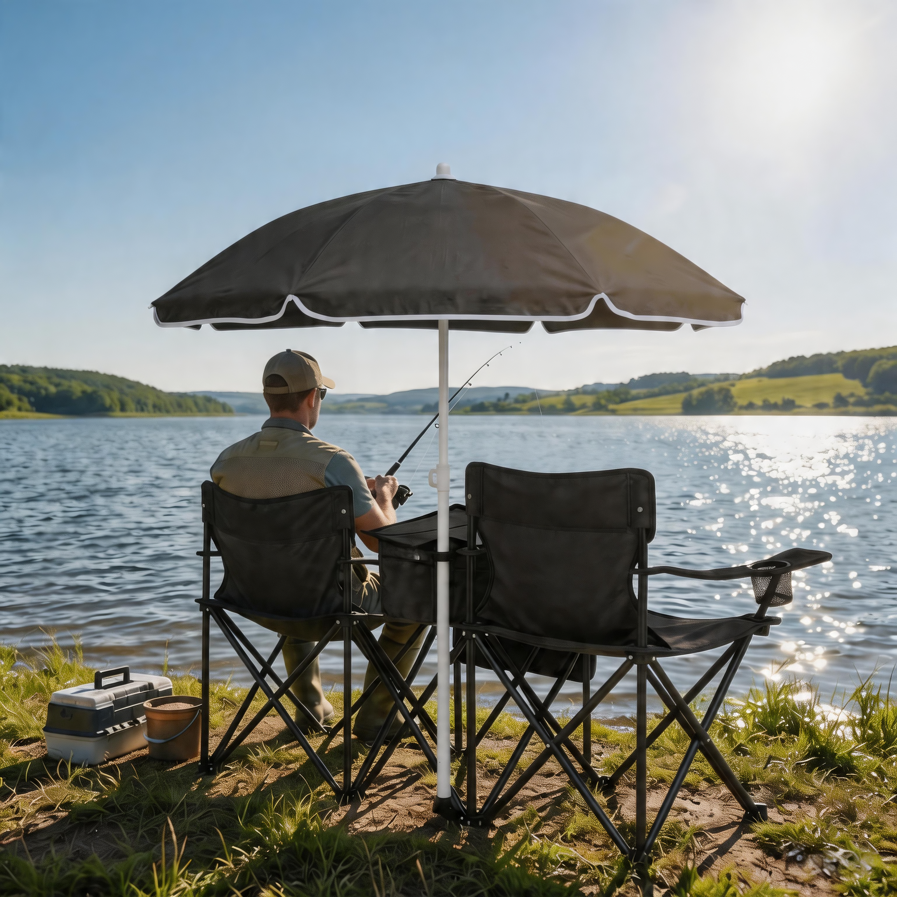 Portable Double Folding Beach Chair Set with Umbrella 2 Person Camping