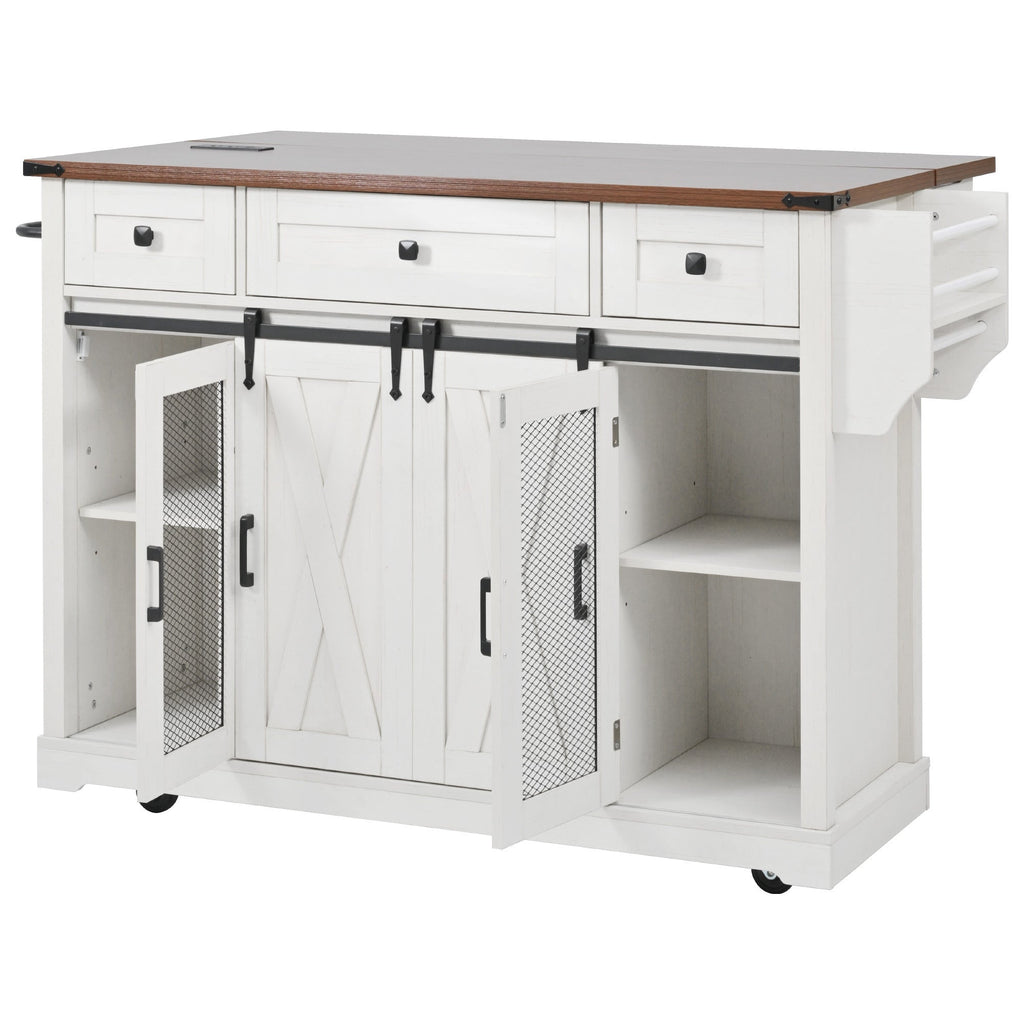 58“ Farmhouse Kitchen Island with Storage Sliding Barn Door Metal Grid Side Door