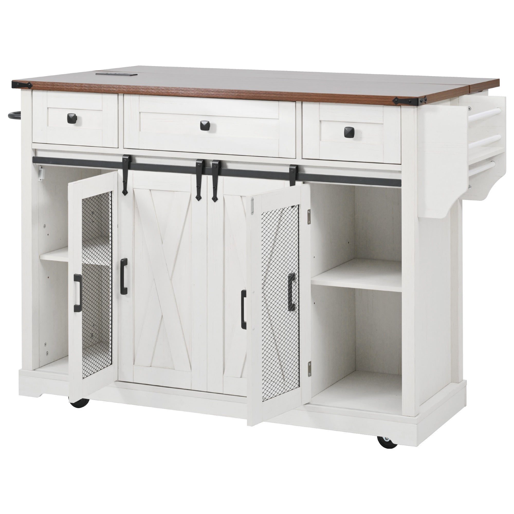 58“ Farmhouse Kitchen Island with Storage Sliding Barn Door Metal Grid Side Door