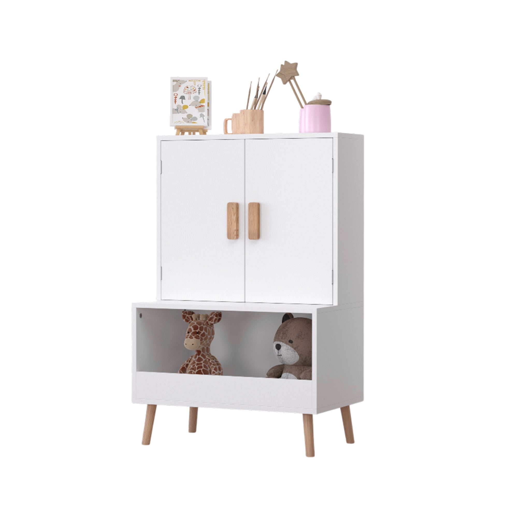 White Modern Wooden Toy Storage Cabinet with Natural Wood Legs