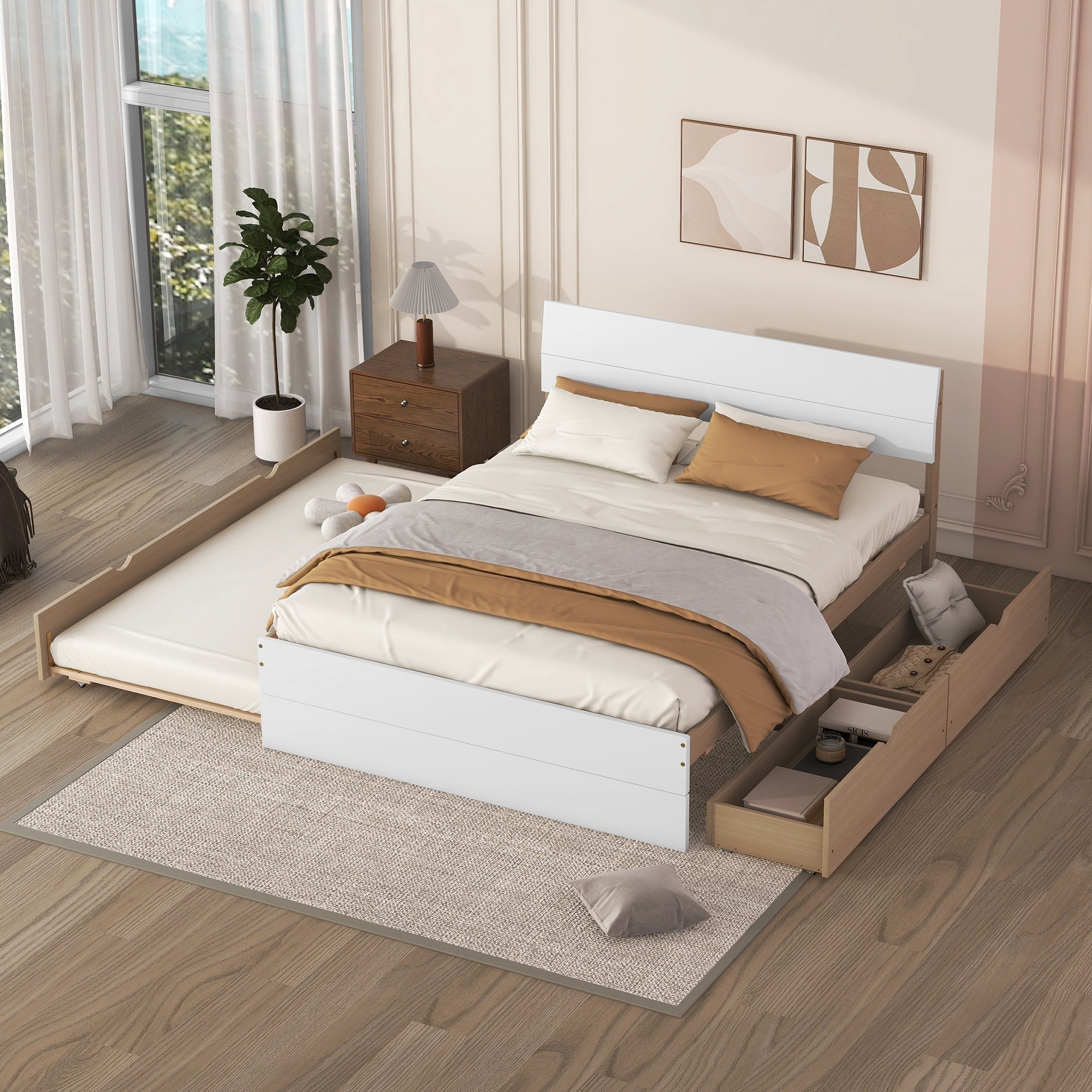Modern Full Size Bed Frame with Twin Size Trundle and 2 Drawers