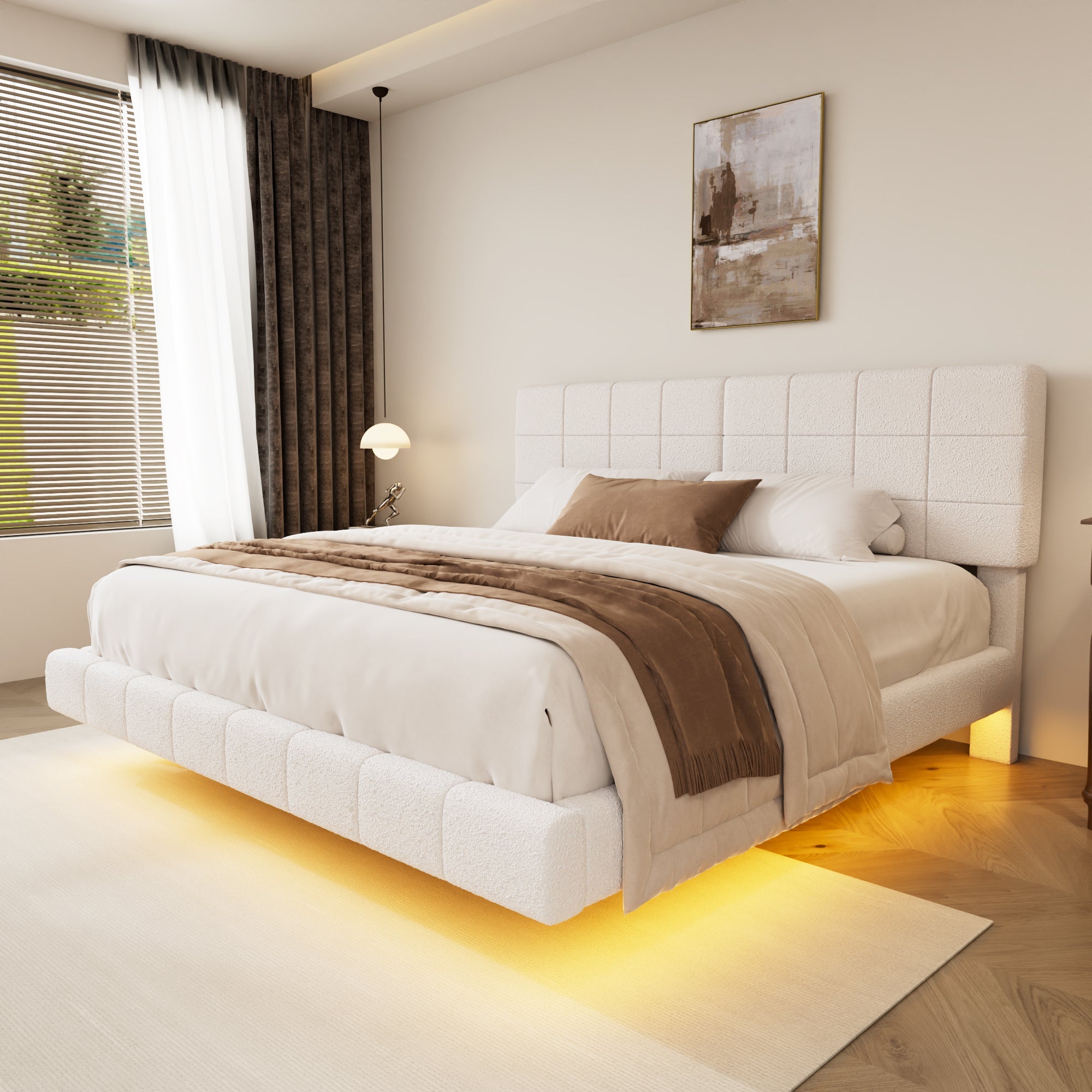 White  Boucle Floating Bed with Light