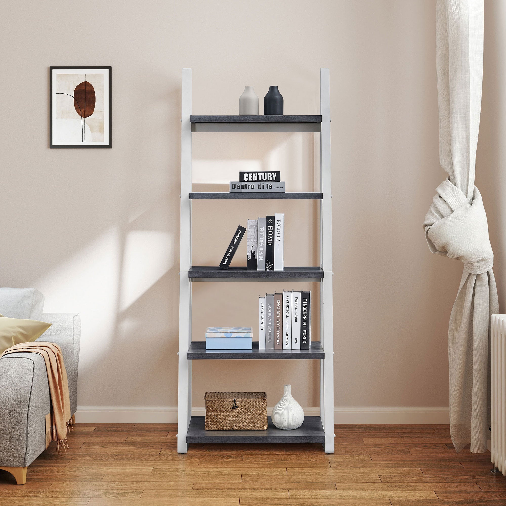 5-Tier Storage Rack Bookshelf with Rubber Wood Frame