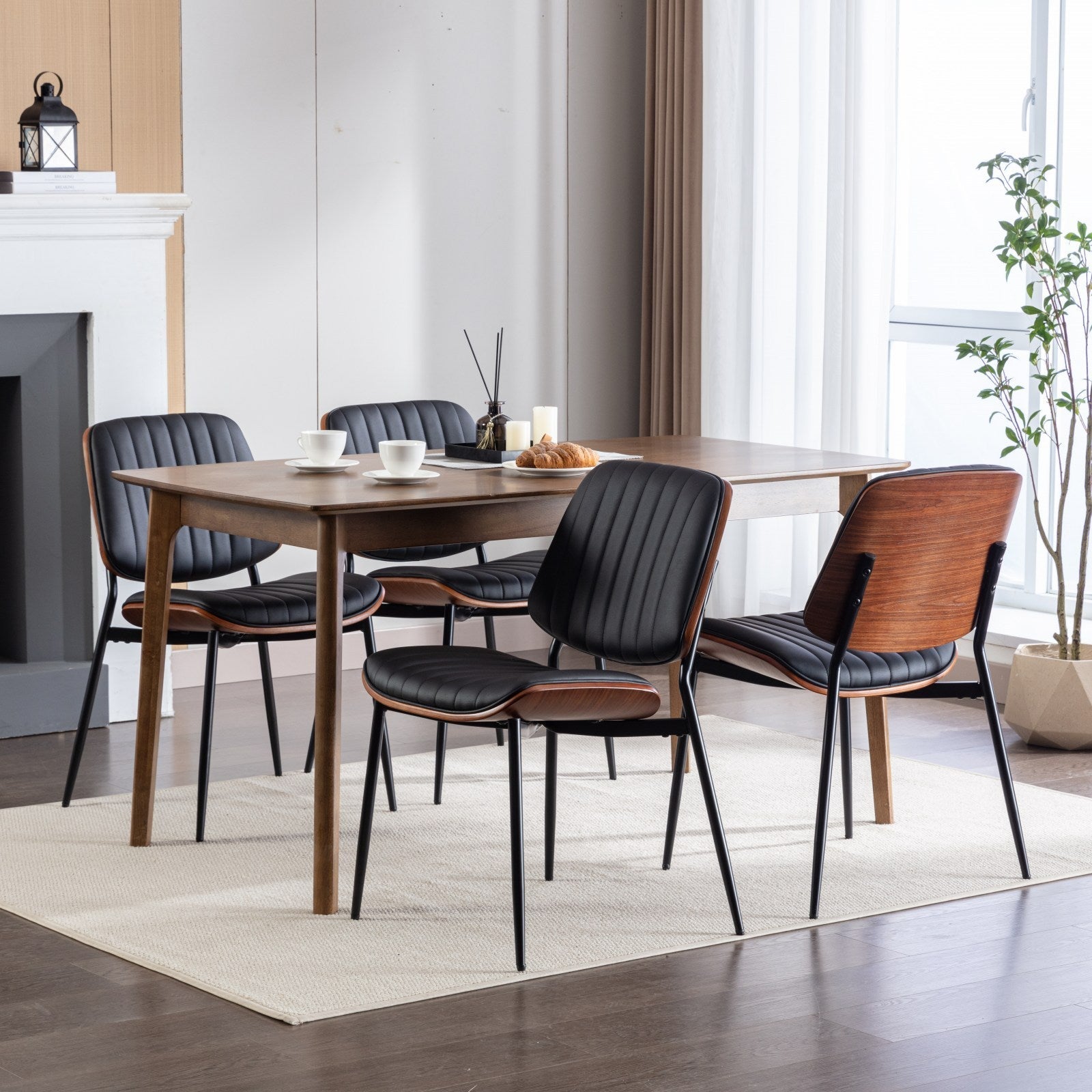 Mid Century Modern Retro Faux Leather Dining Chairs with Walnut Bentwood (Set of 2)