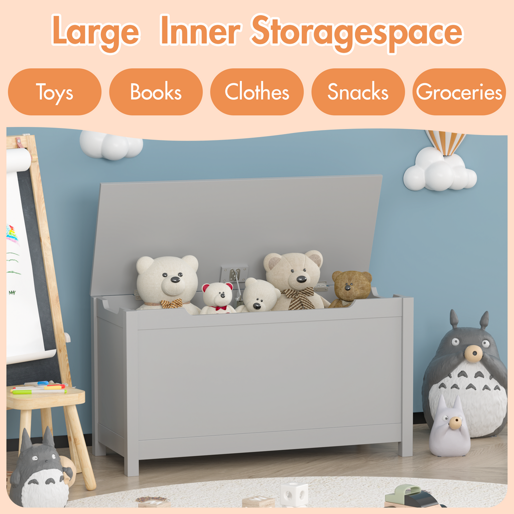 Kids Wooden Toy Box Storage with Safety Hinged Lid for Ages 2+