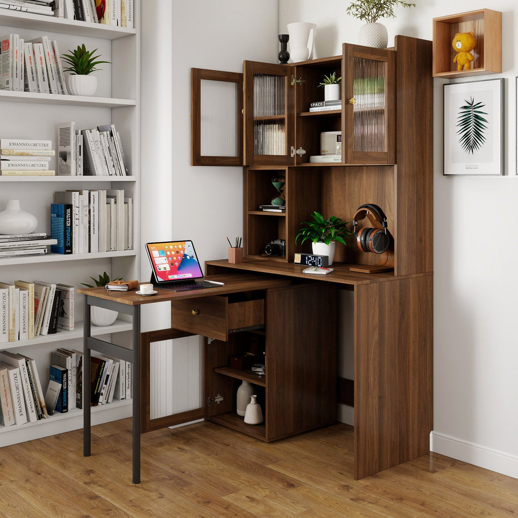 90 Degree Rotating Desktop Computer Desk with Glass Door for Home Office