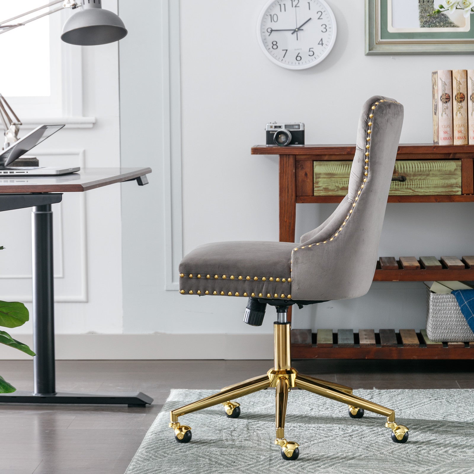 Adjustable Velvet Upholstered Tufted Button Home Office Chair