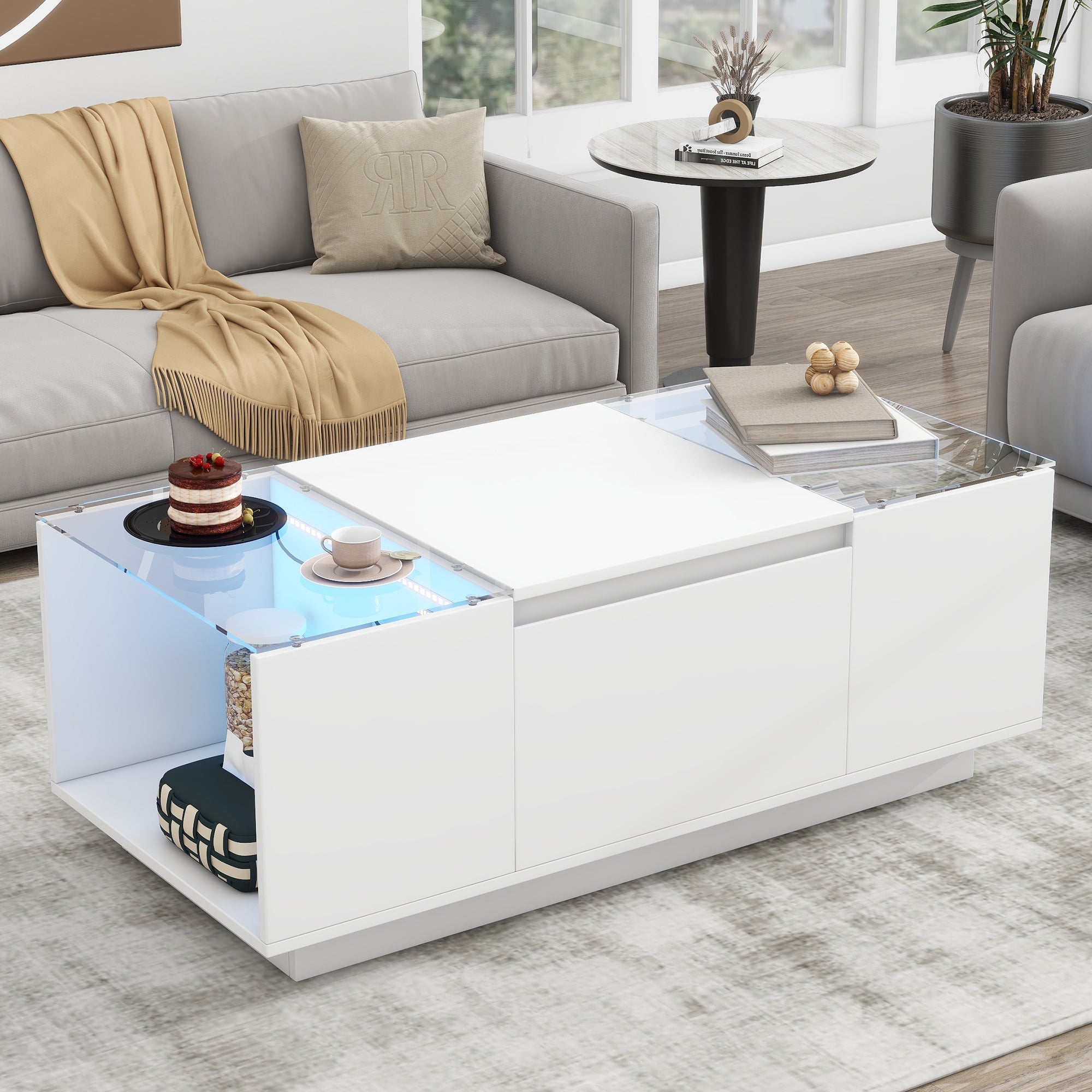 Modern LED Coffee Table with High-Gloss Finish and Glass Tabletop