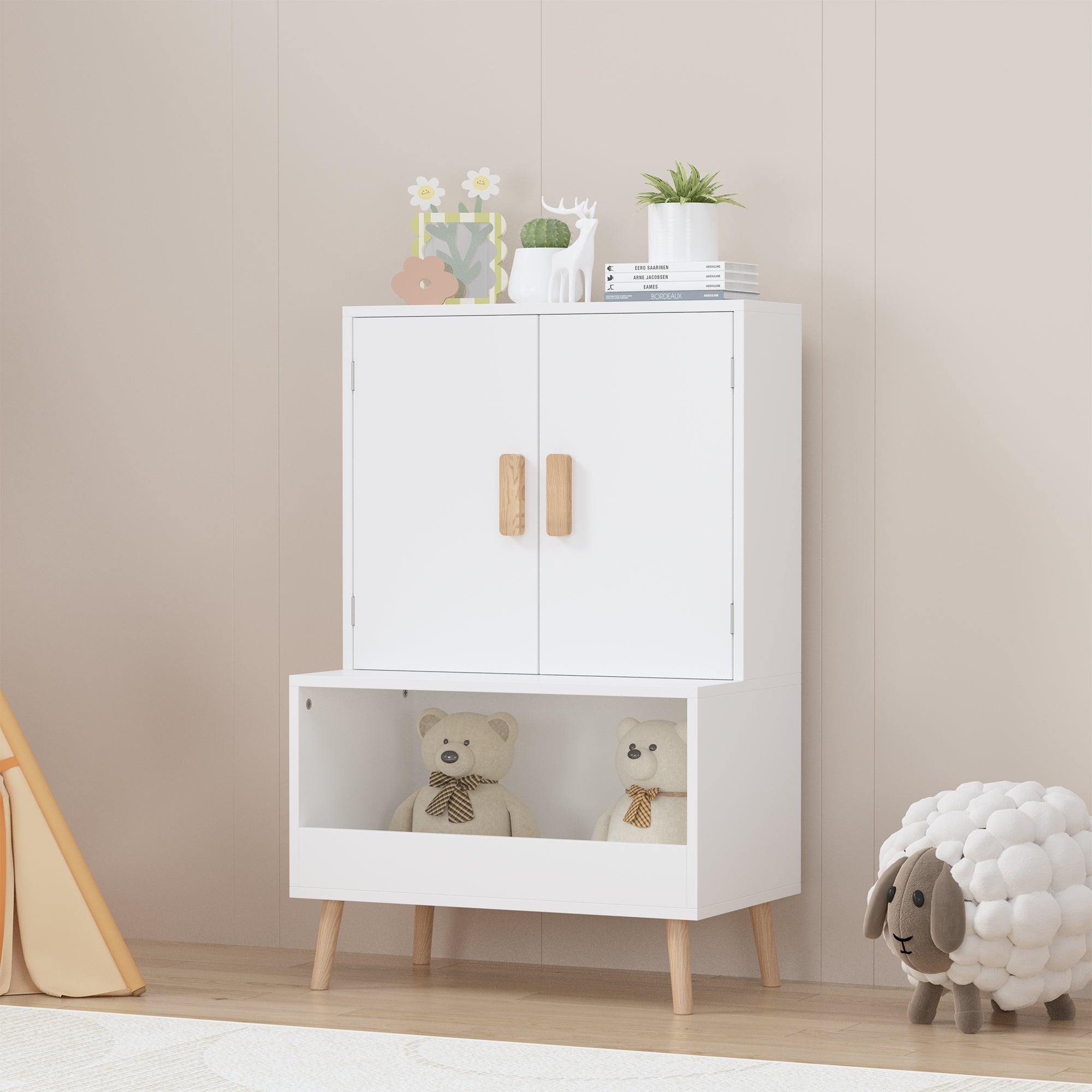 White Modern Wooden Toy Storage Cabinet with Natural Wood Legs