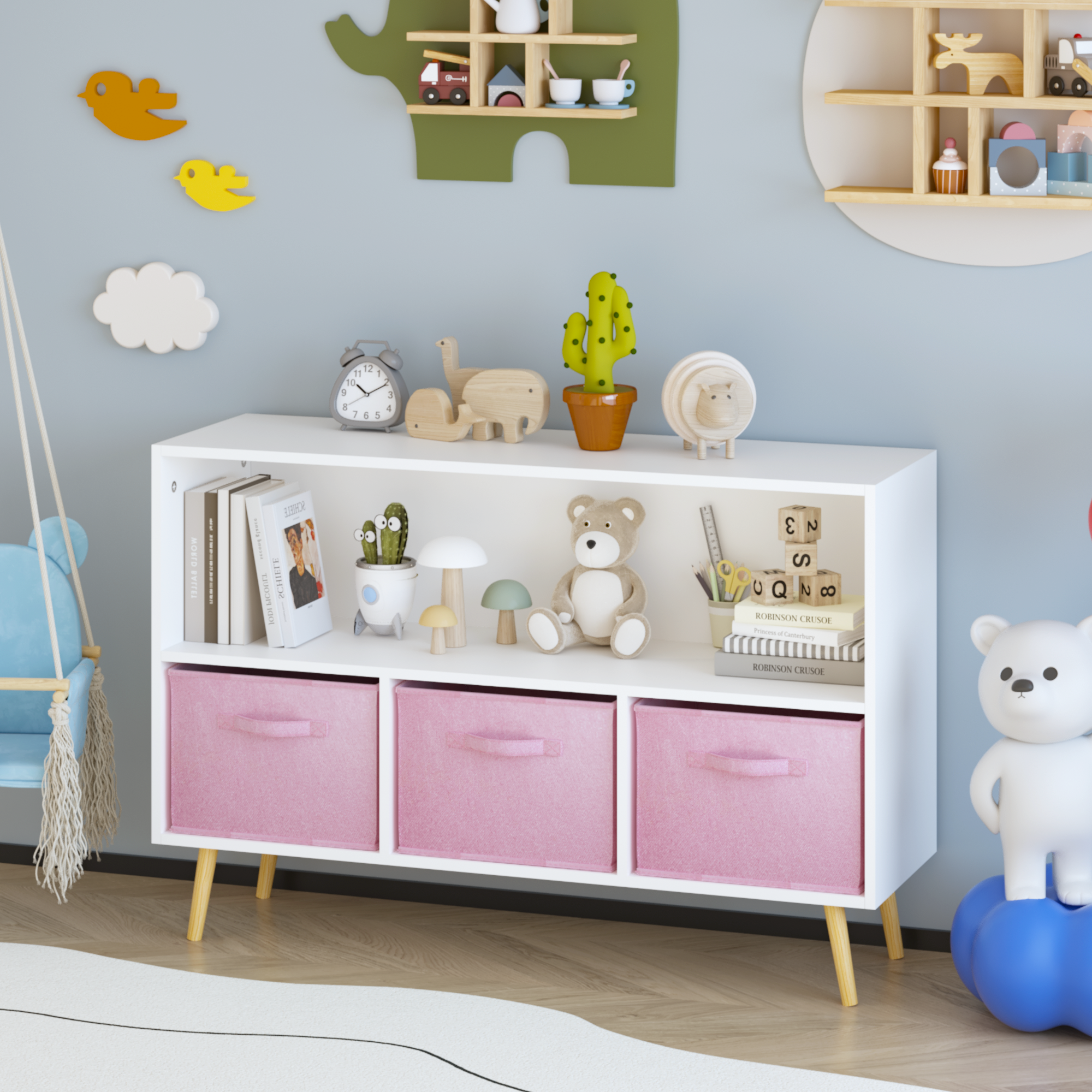 Children's Book Display Kids Bookcase with 3 Fabric Bins