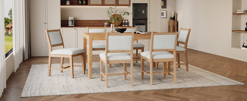 7-Piece Retro Rectangular Wood Dining Table Set
