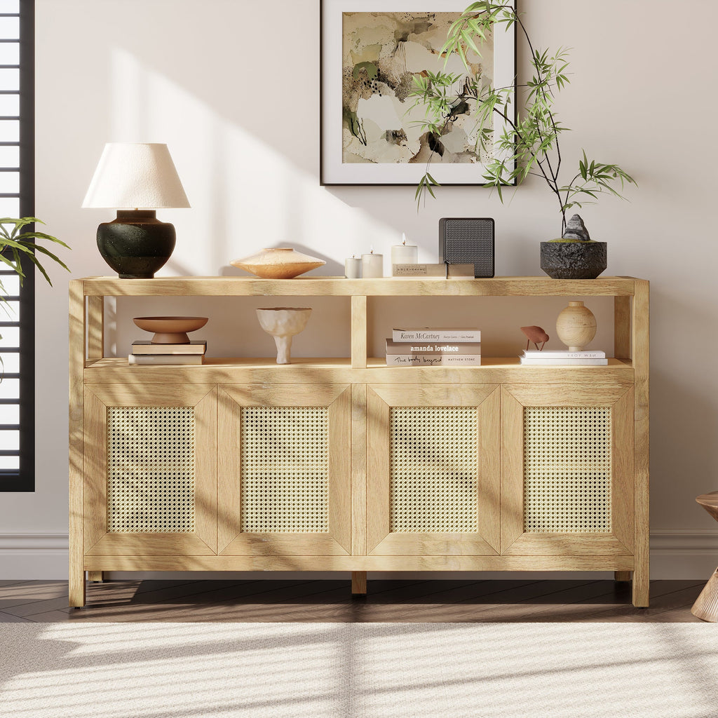 Bohemian Style Rattan Storage Cabinet with 3-position Adjustable Shelves