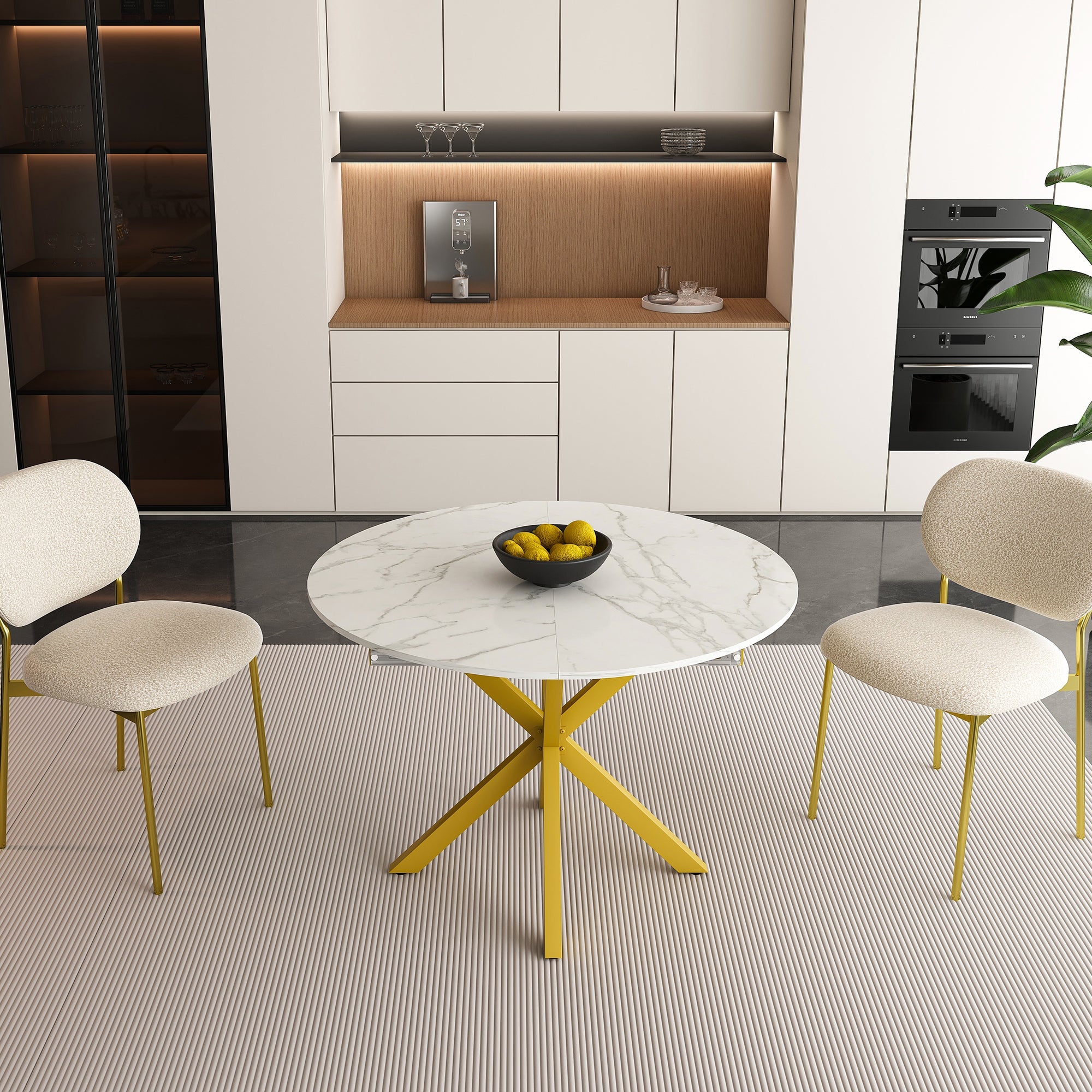 Modern Solid Wood Veneer Retractable Dining Table