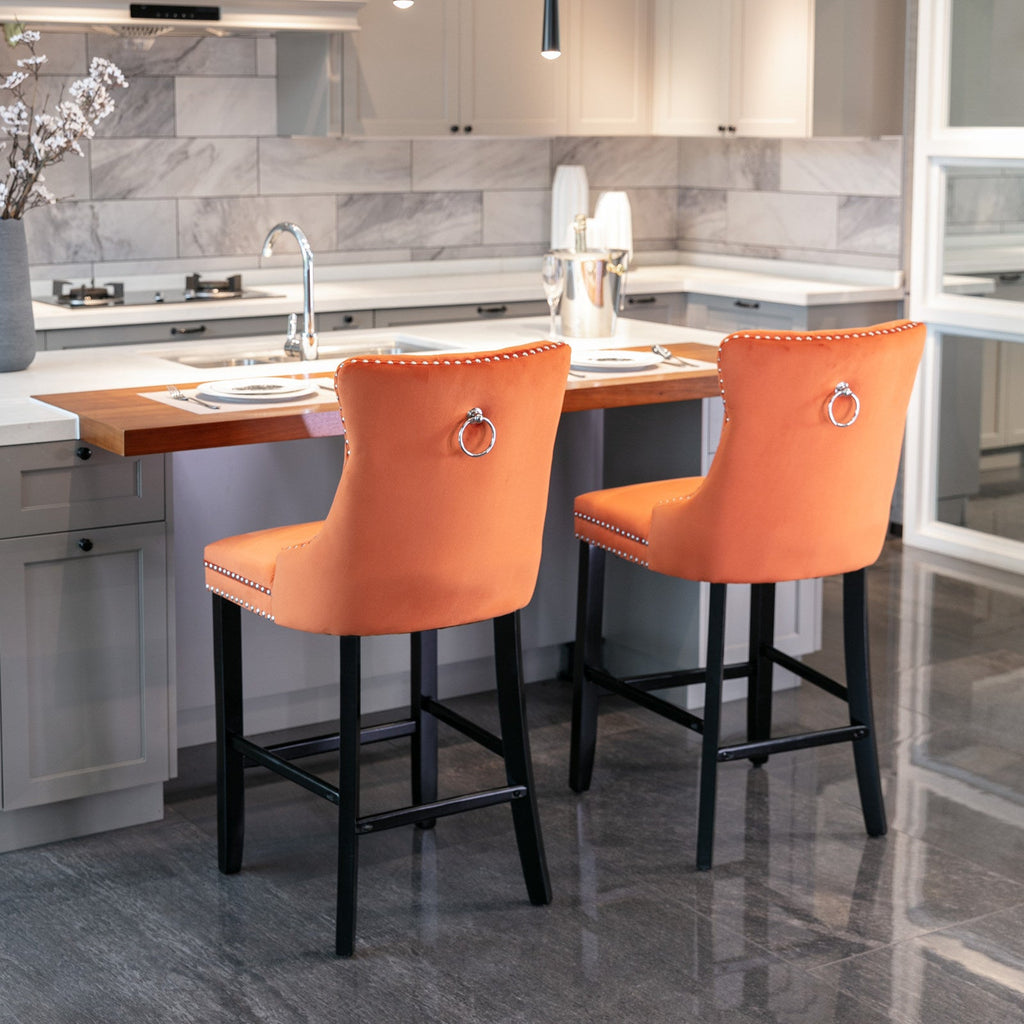 Contemporary Velvet Upholstered Barstools with Button Tufted Decoration (Set of 2)