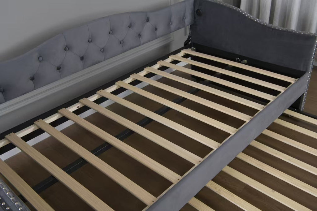 Twin Size Upholstered Daybed with Trundle and USB Charging Design