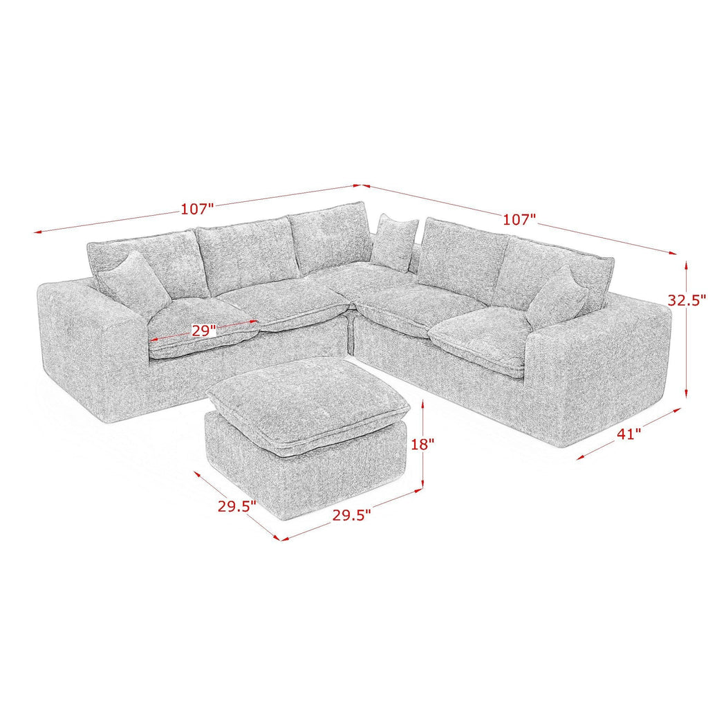 Modern Orange L-Shaped Sectional Sofa with 2 Ottomans Cloud-Like Modular Couch