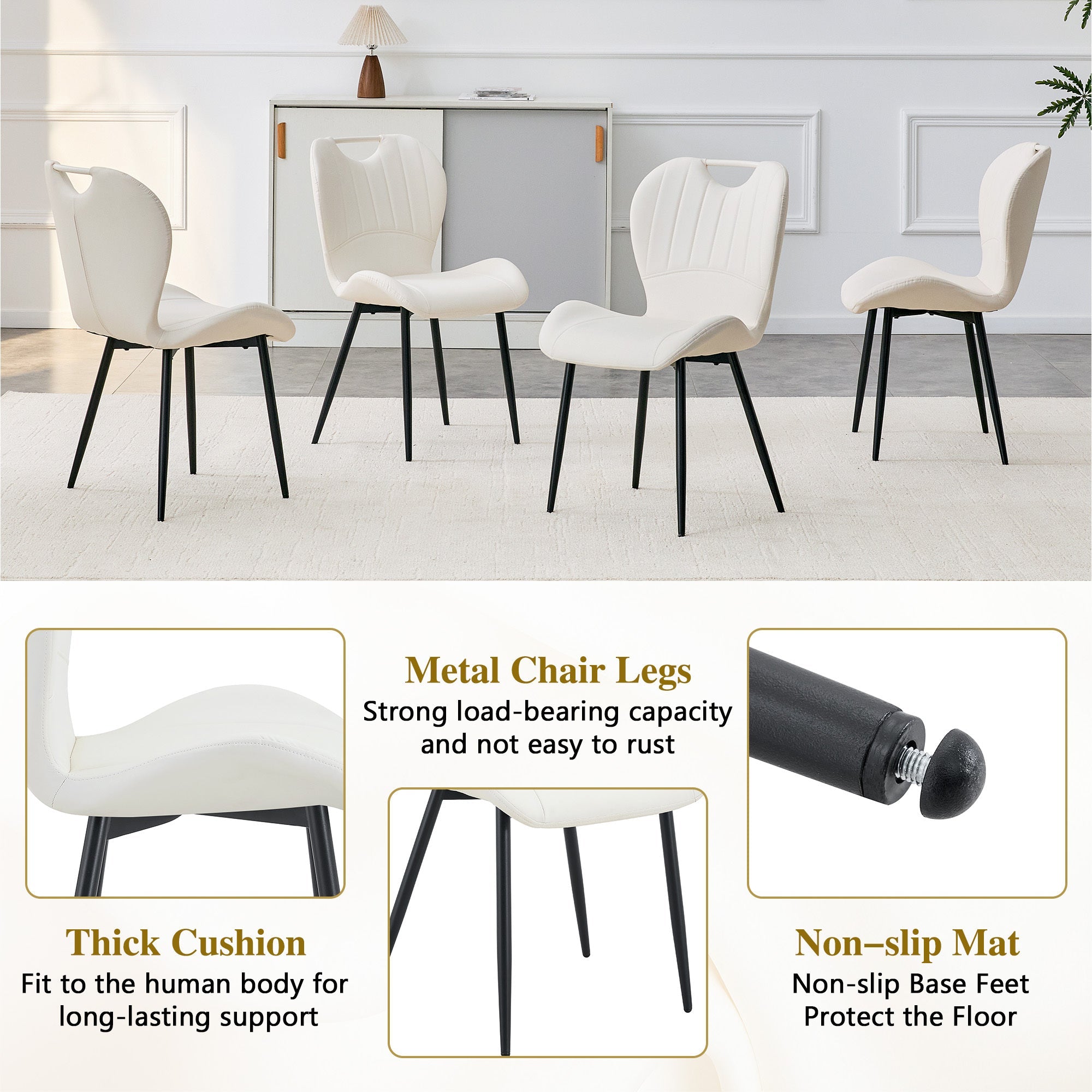 Set of 4 Fabric Dining Chairs Black Metal Frame Wide Cushioned Comfortable