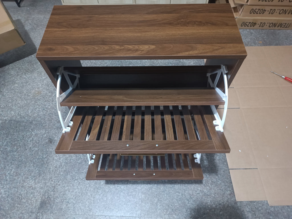 Medieval Modern Walnut Shoe Cabinet with 2 Flip Drawers