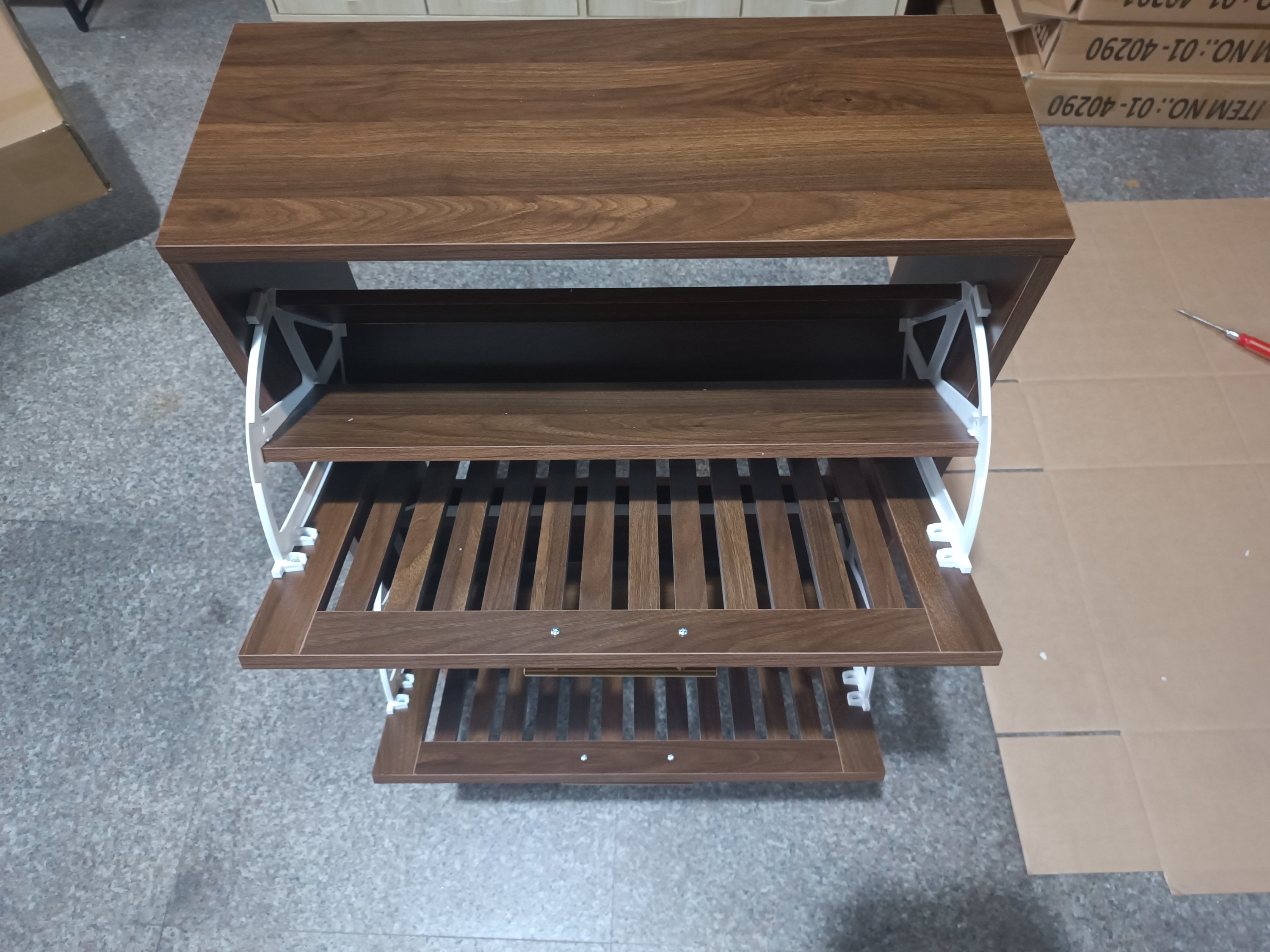 Medieval Modern Walnut Shoe Cabinet with 2 Flip Drawers