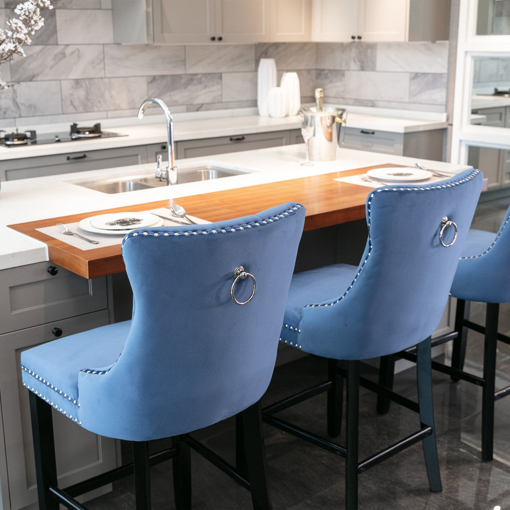 Contemporary Velvet Upholstered Barstools with Button Tufted Decoration (Set of 2)