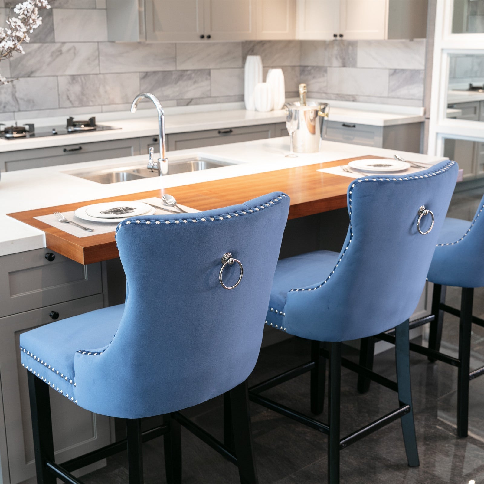 Contemporary Velvet Upholstered Barstools with Button Tufted Decoration (Set of 2)