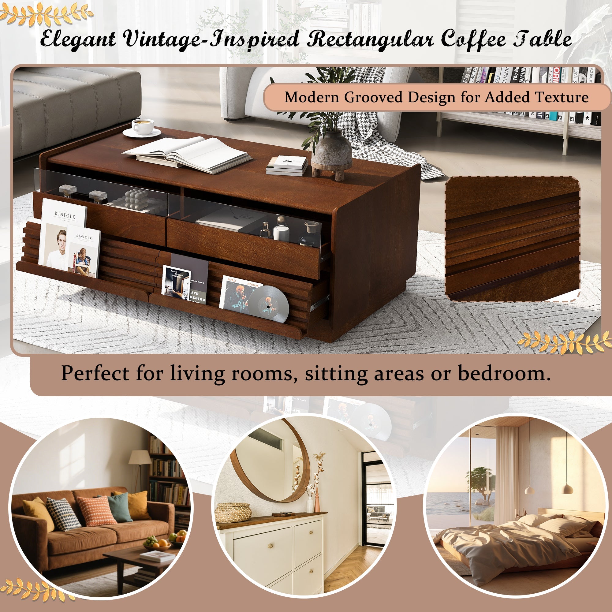 Modern 47.2' Wood Coffee Table with Fluted Style