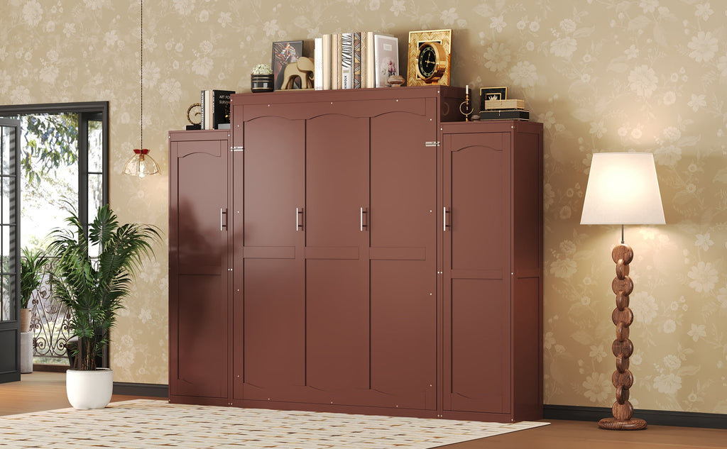 Wooden Queen Wall Bed with 2 Wardrobe and Storage Shelf