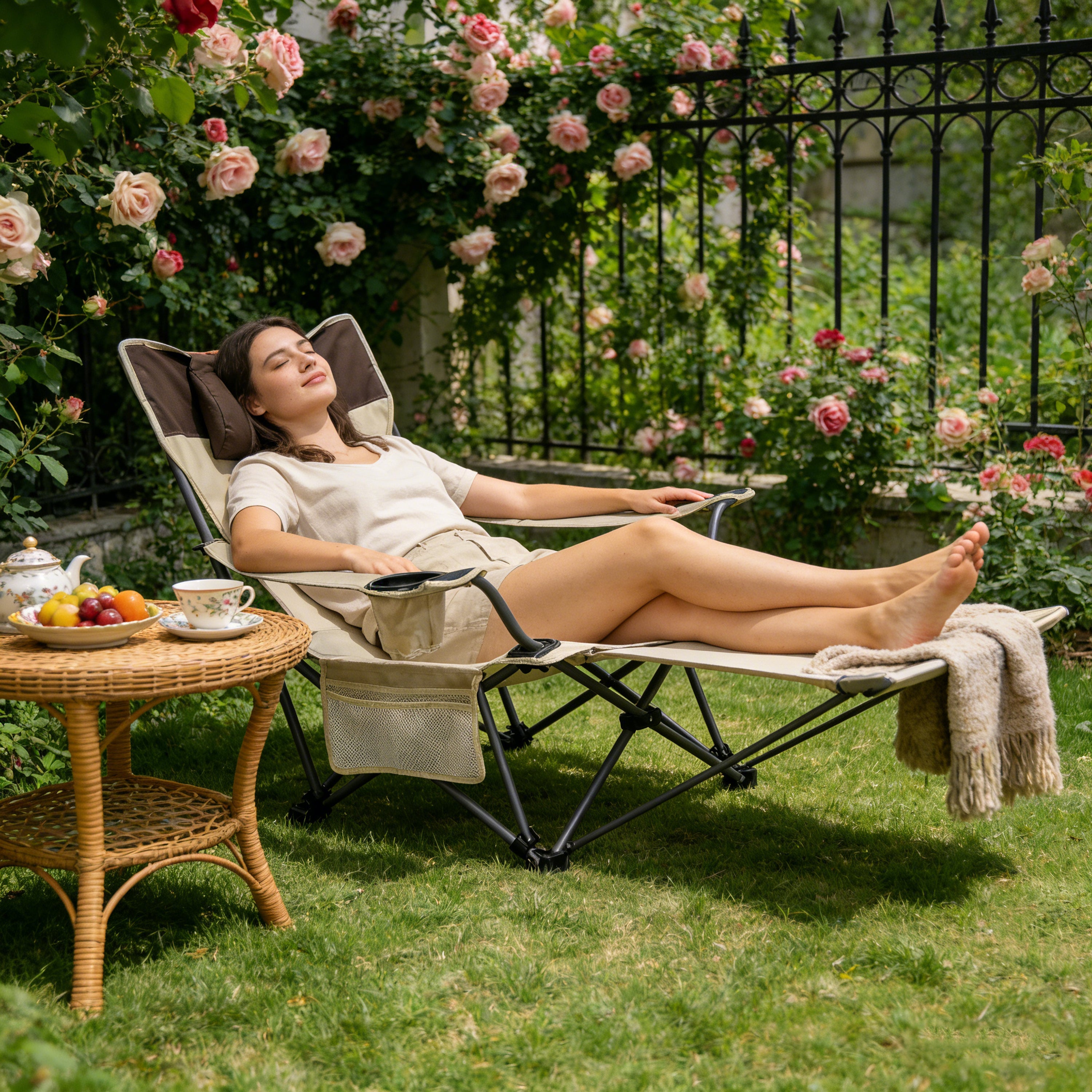 Outdoor Camping Chair Folding Reclining with Side Pockets and Cup Holder