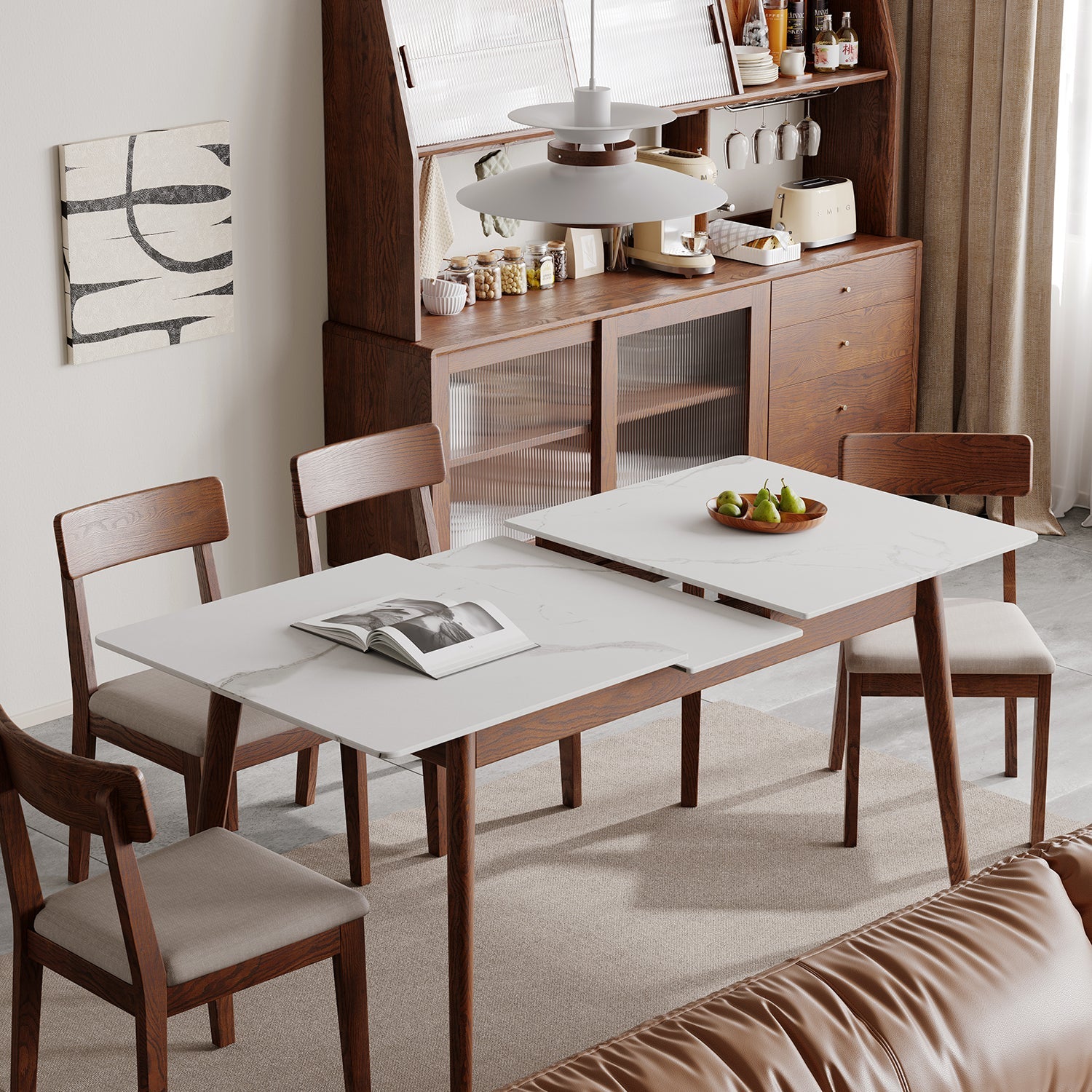 Walnut White Slate Telescopic Dining Table