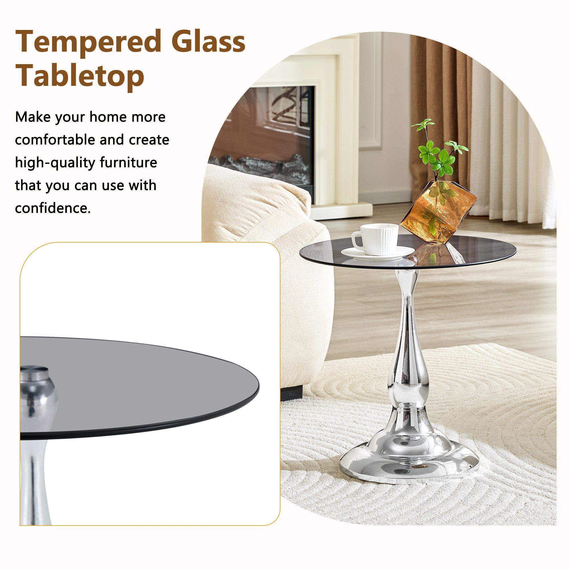 20" Small Luxury Metal Round Side Table with a Glass Top