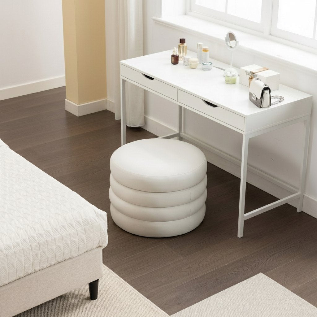 Velvet Fabric Storage Round Ottoman Footstool with Wooden Shelves