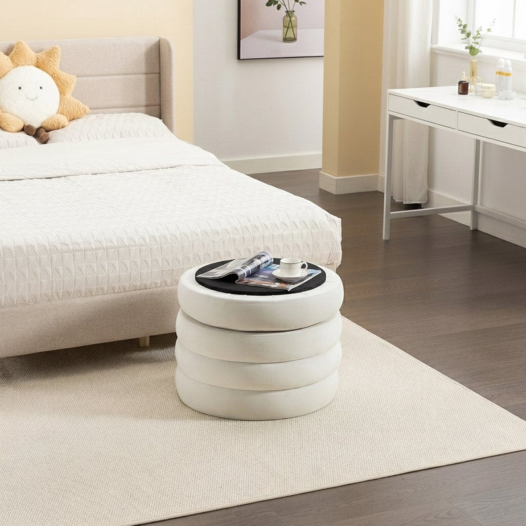 Velvet Fabric Storage Round Ottoman Footstool with Wooden Shelves