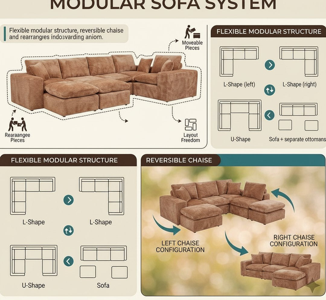 Modern Orange L-Shaped Sectional Sofa with 2 Ottomans Cloud-Like Modular Couch